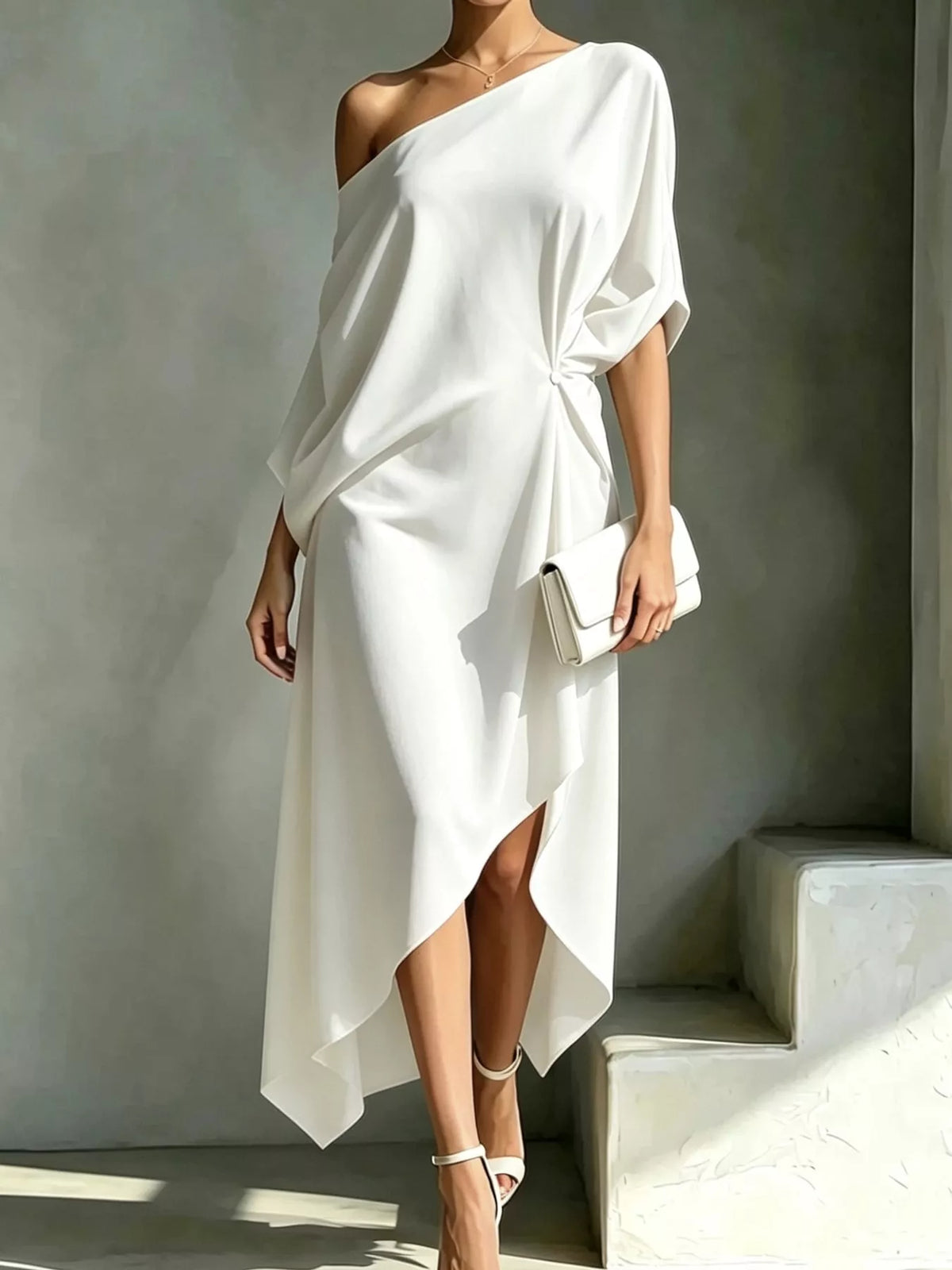 White one-shoulder ruched asymmetric midi dress with soft drape and asym hem