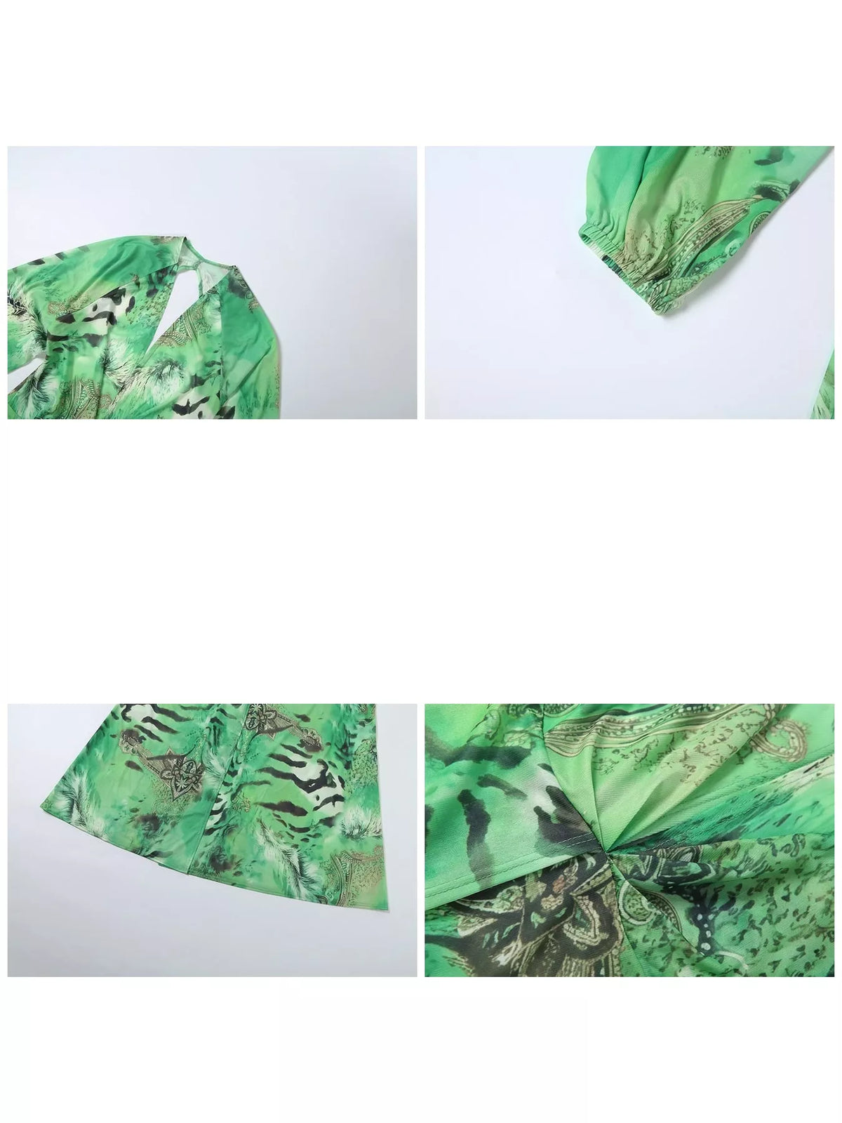 Green printed maxi dress detail: fabric drape, sleeve cuff, and V-neck trim