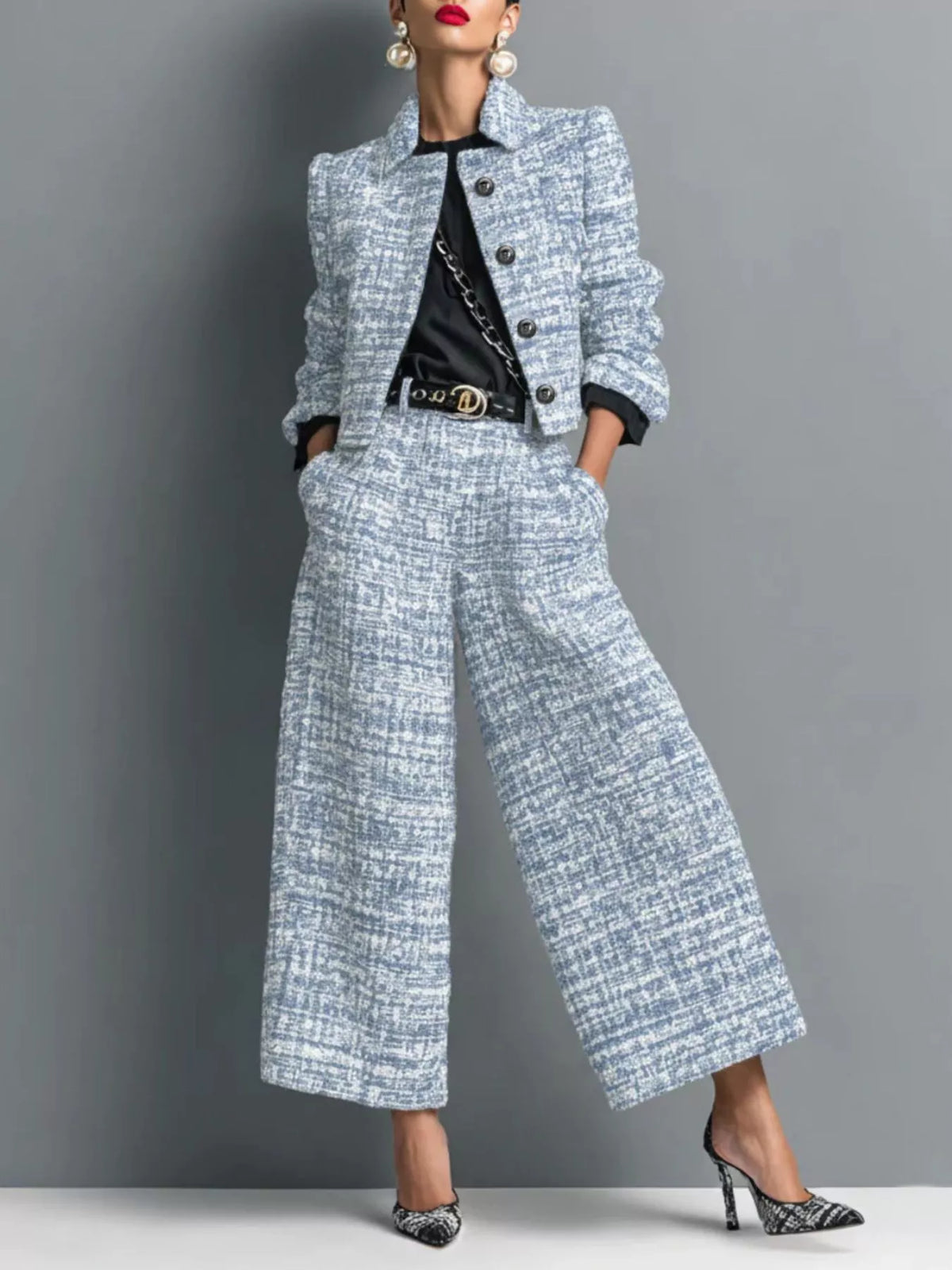 Light blue tweed cropped blazer with button front and wide-leg pants