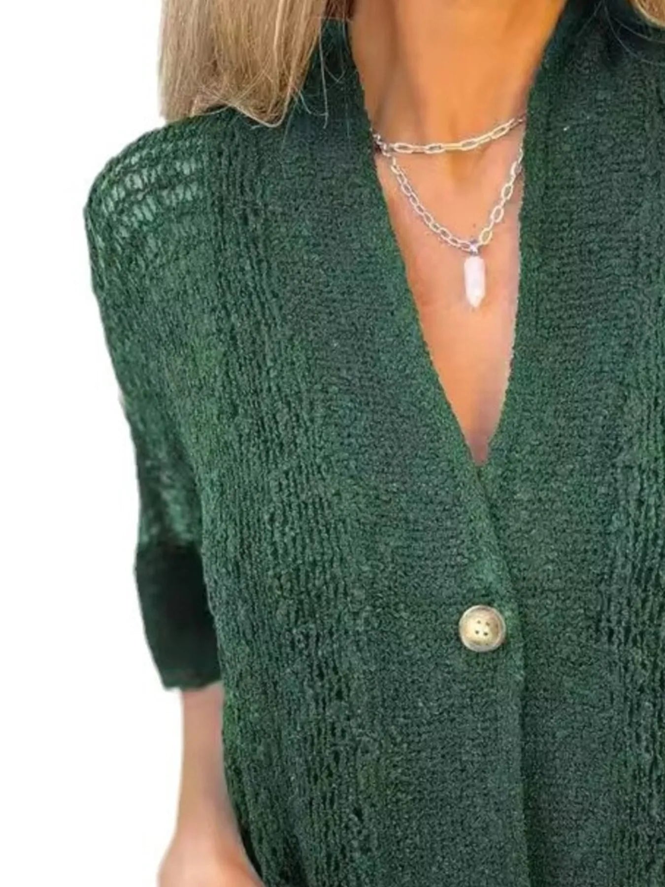 Plus size one-button cardigan in green with V-neck, textured knit, half sleeves