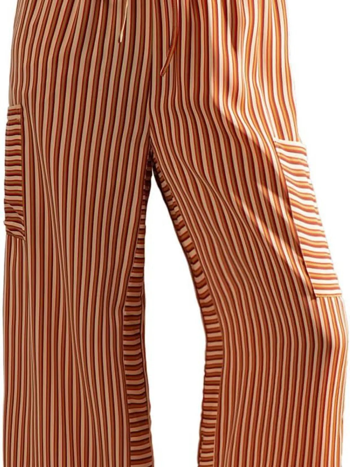 Close-up of orange and cream vertical striped wide-leg pants with elastic waistband
