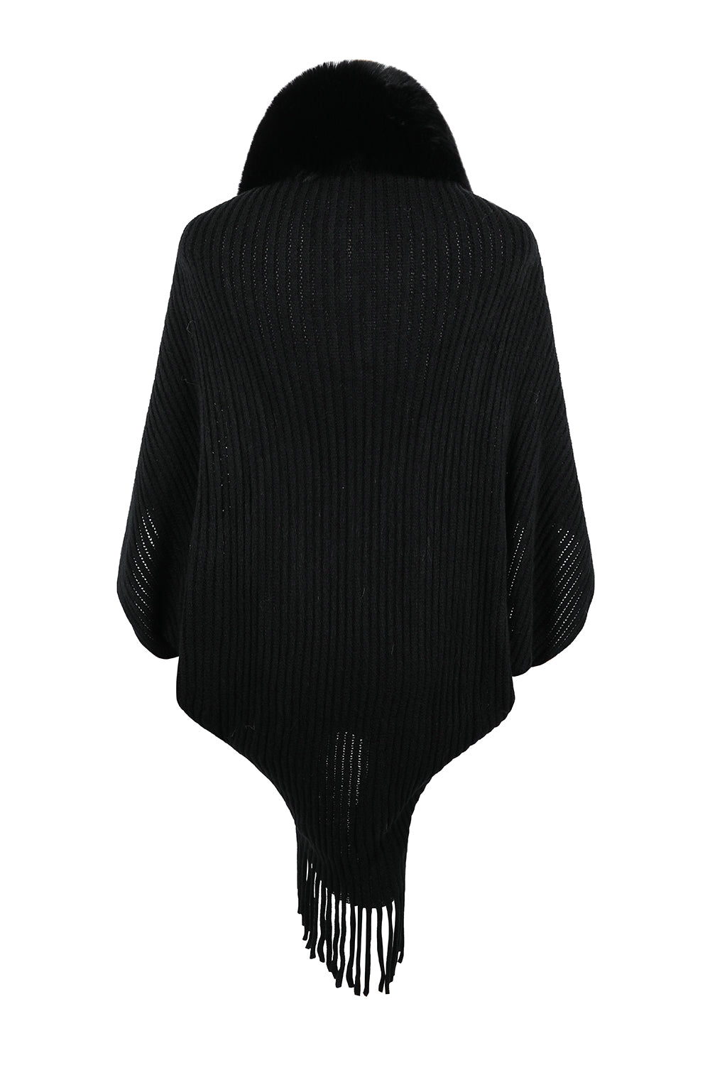 Black hooded ribbed poncho, draped sleeves with long fringed bottom