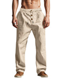 Lightweight men’s drawstring pants, khaki, button front and cuffed ankle hem