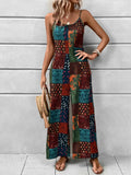 Multicolor patchwork printed jumpsuit with scoop neck and spaghetti straps, wide-leg