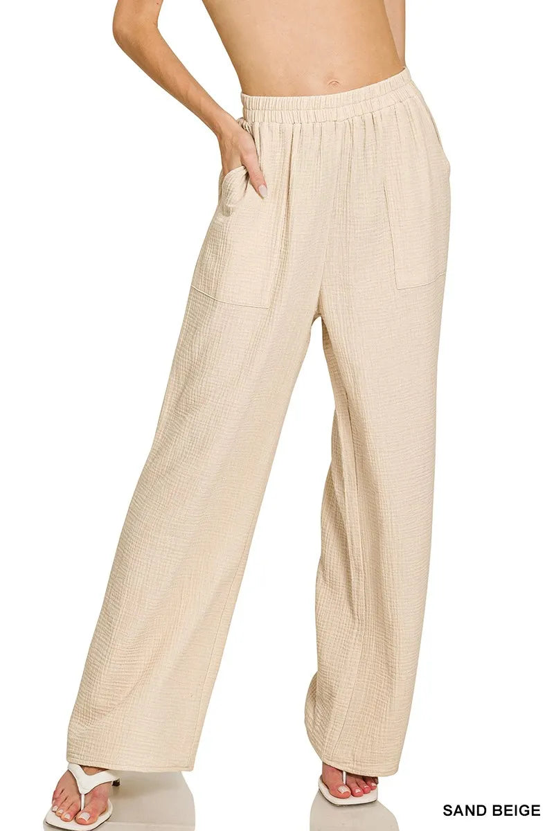 Sand beige double gauze elastic waist pants with wide legs and side pockets