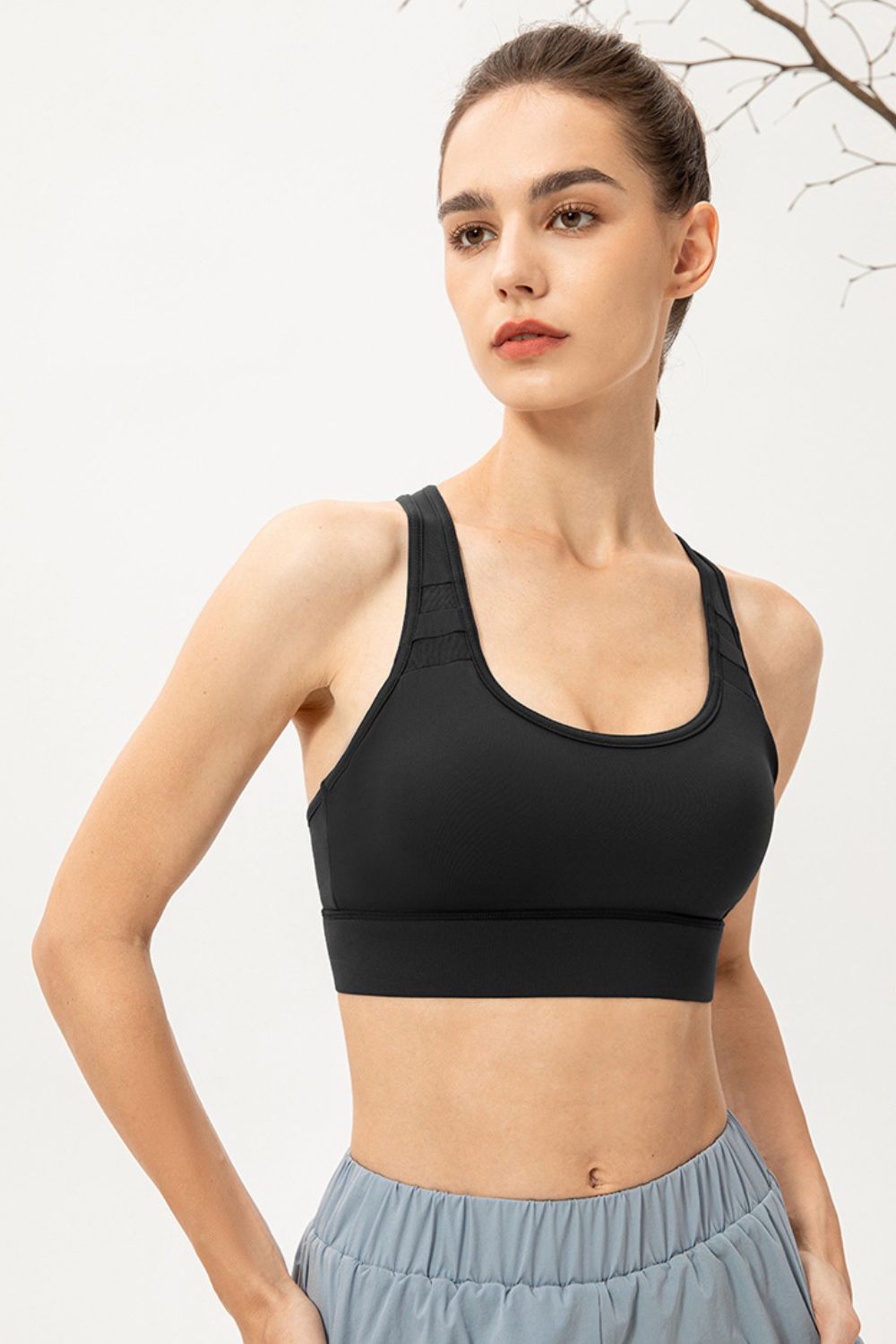Long sports bra, scoop neck, black racerback with wide bottom band