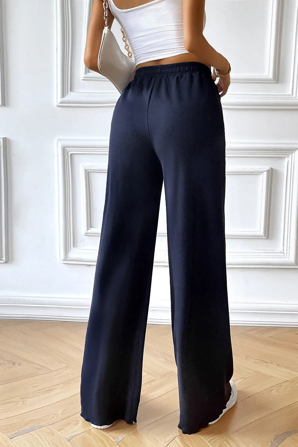 Devine dark blue wide-leg drawstring pants with elastic waistband, straight relaxed legs