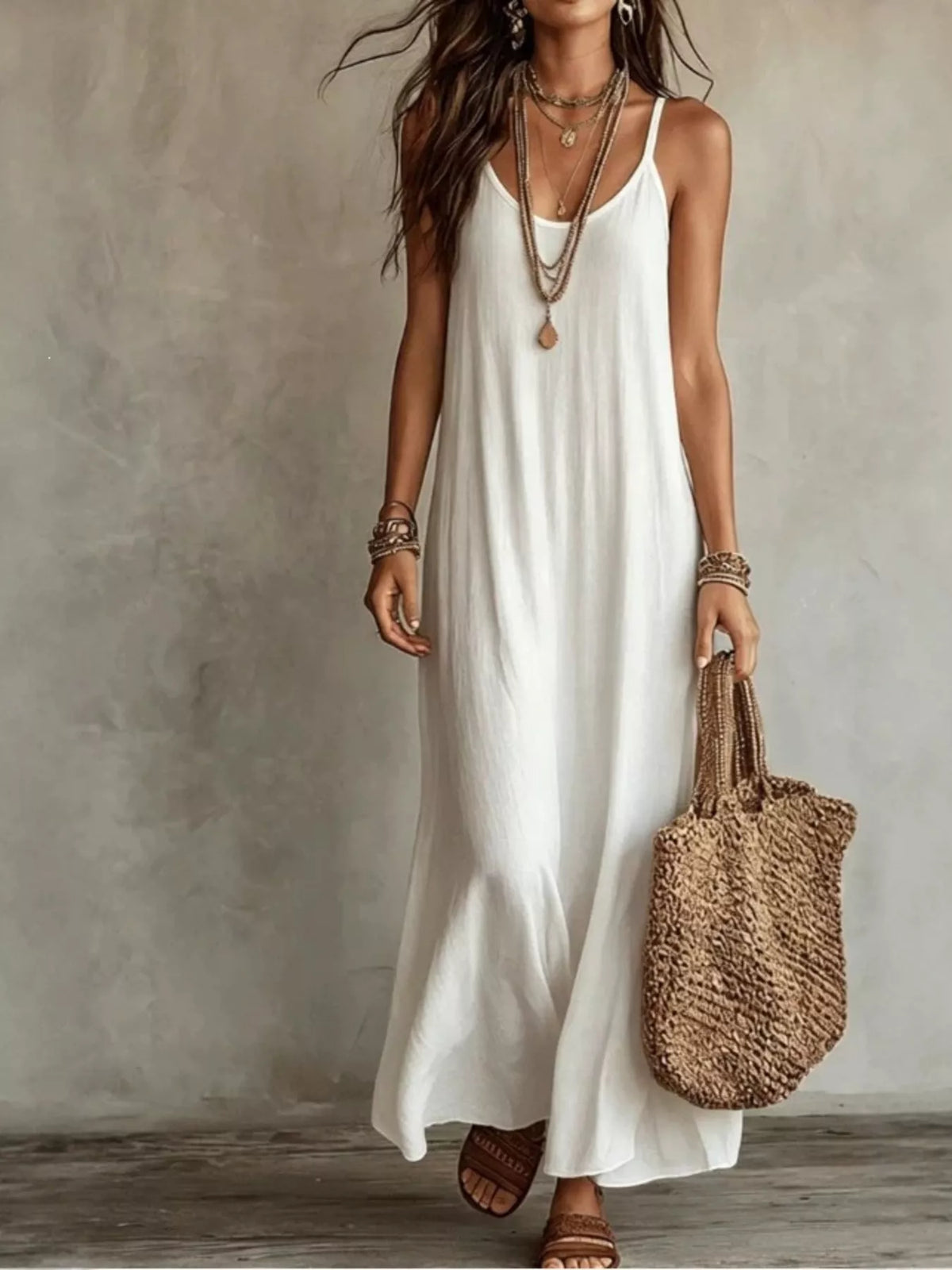 White scoop-neck maxi dress with spaghetti straps and long flowing hem