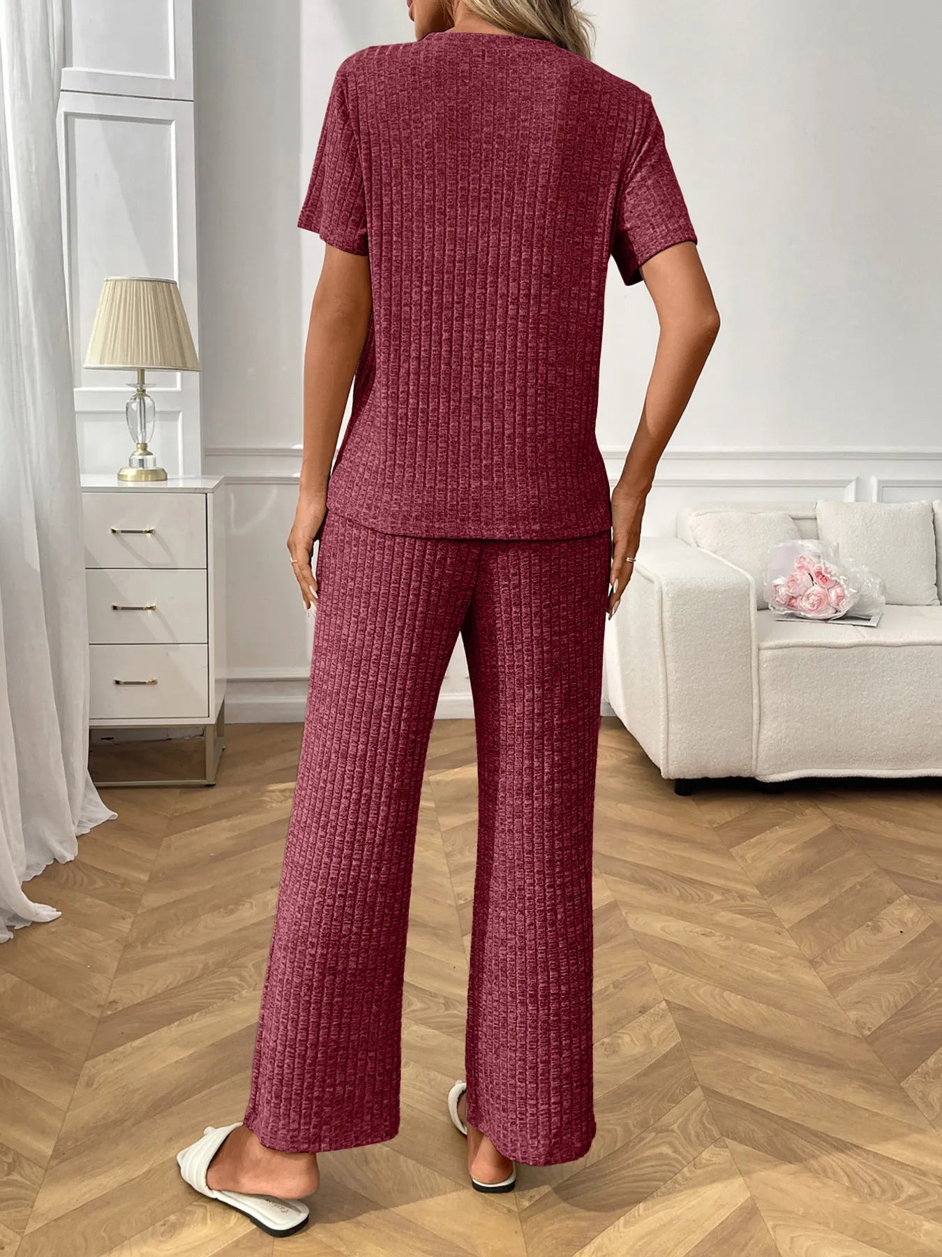 Ribbed knit lounge set in burgundy: short sleeve top and wide-leg pants, drawstring waist