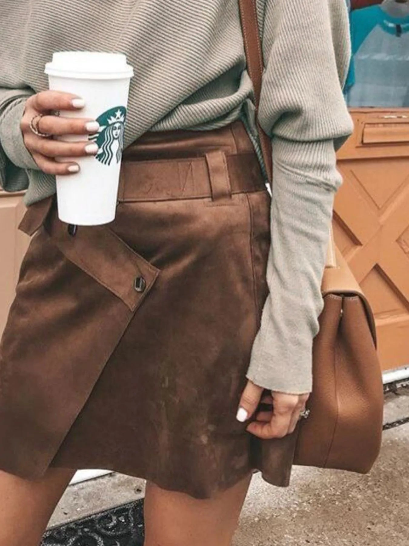 Sage green one-shoulder ribbed sweater, long sleeves and ribbed knit texture