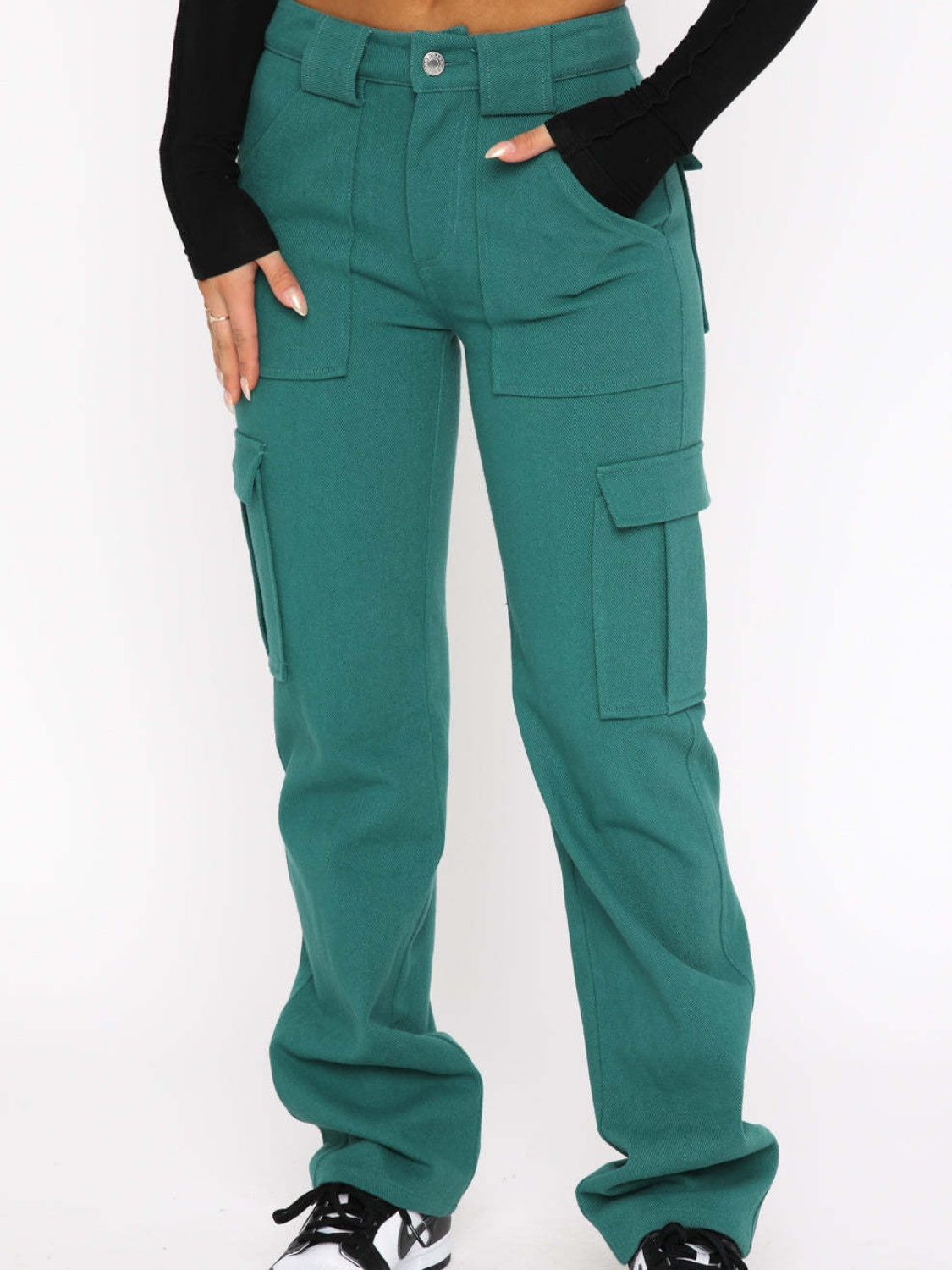 Turquoise straight-leg cargo pants with flap cargo pockets and button waist