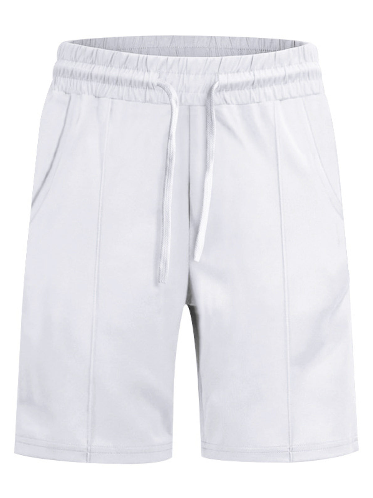 Men's white stretch shorts with elastic waistband and drawstring