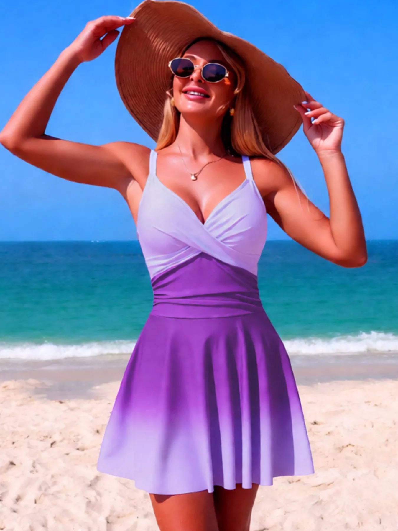 V-Neck Gradient One-Piece Swimsuit in lavender-to-purple gradient worn on the beach