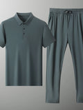 Men's muted green polo shirt and drawstring pants set, short sleeves, button placket
