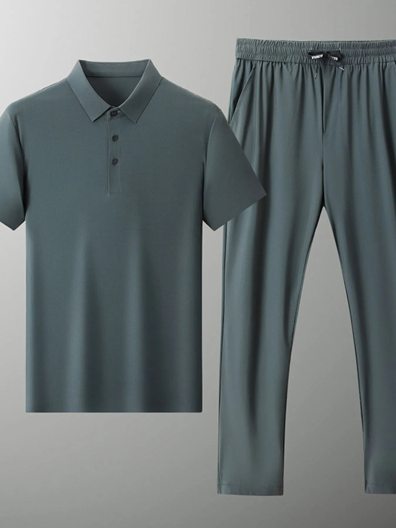 Men's muted green polo shirt and drawstring pants set, short sleeves, button placket