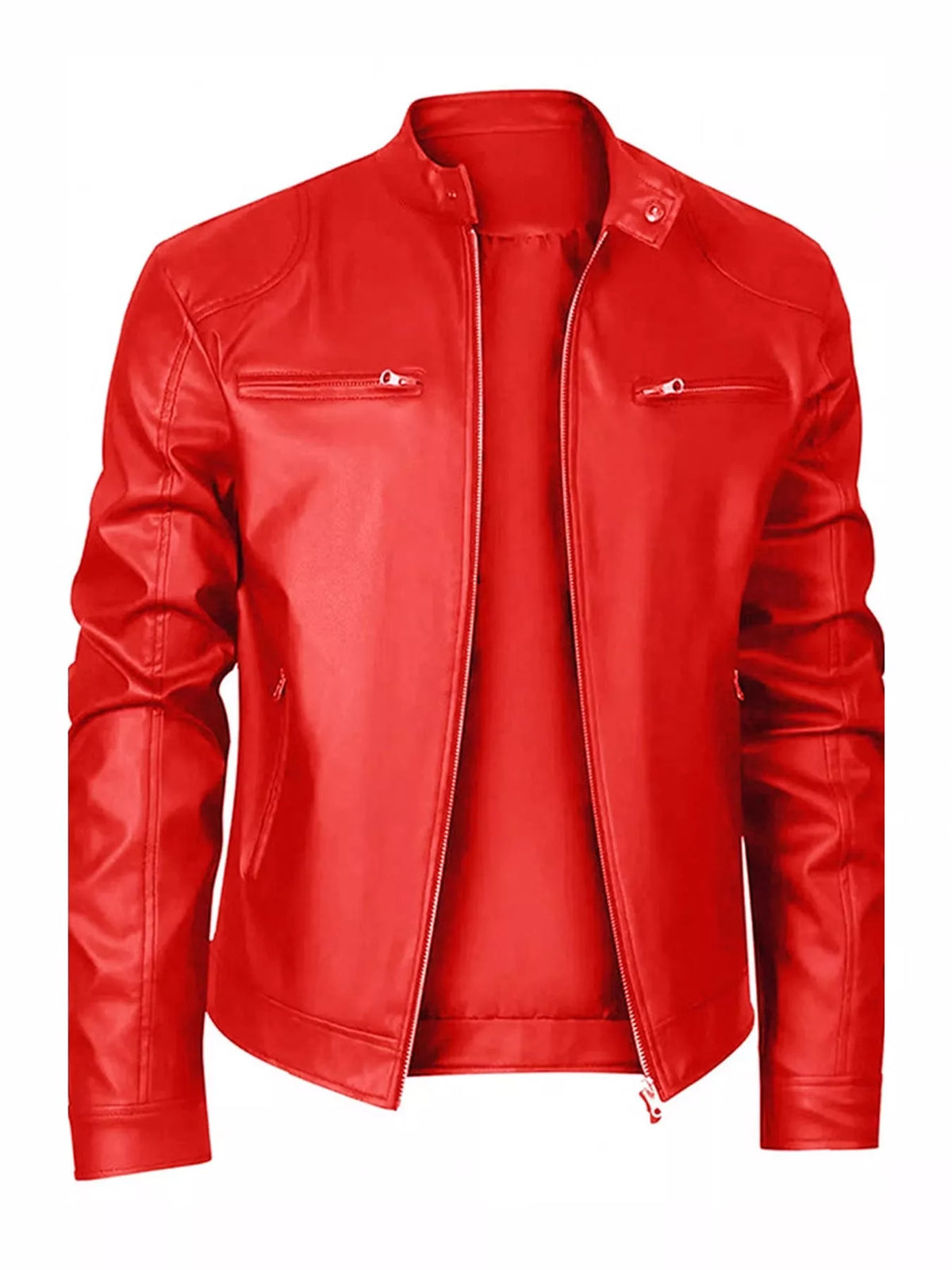 Red vegan leather zip-up jacket with stand collar and chest zipper pocket