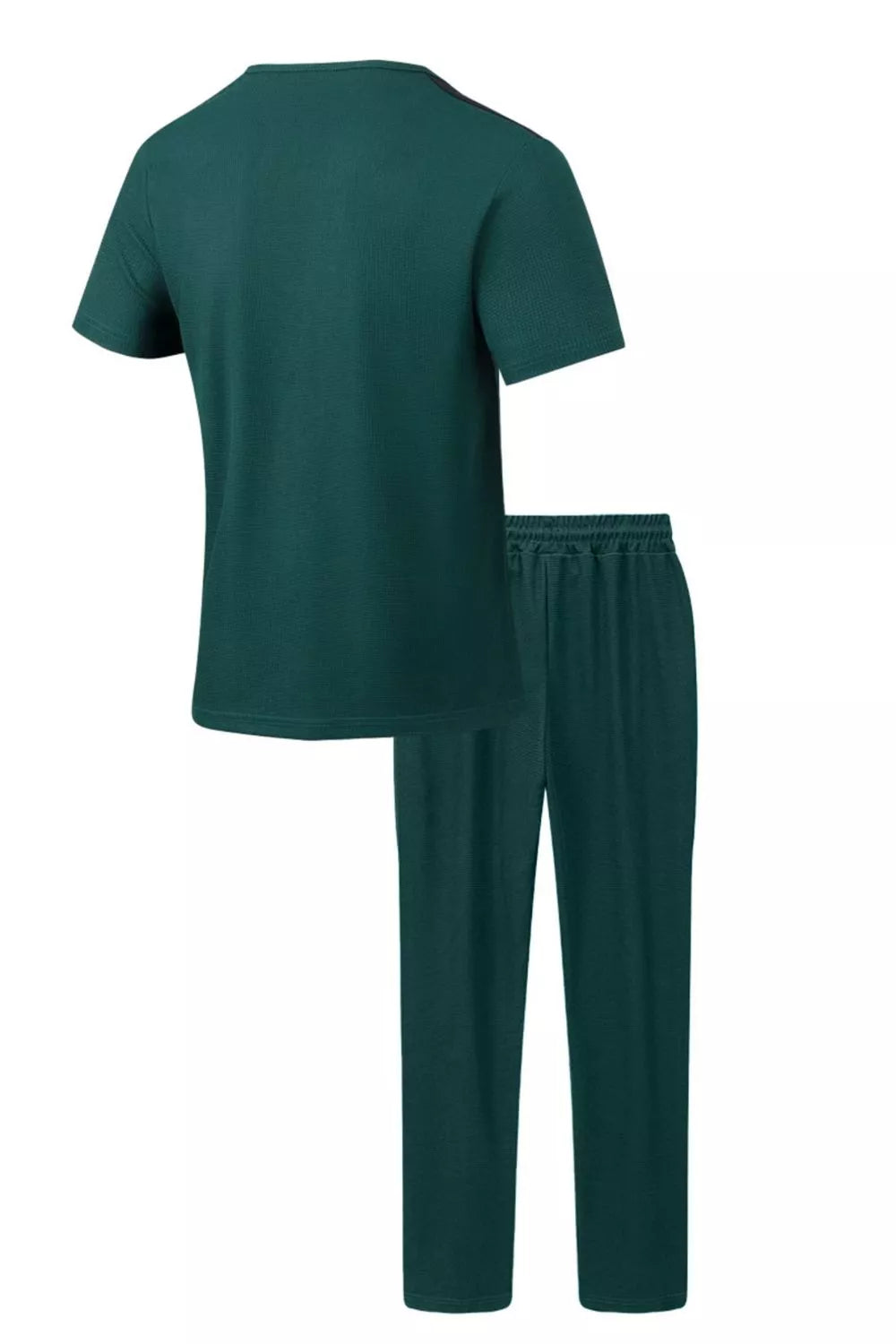 Men's casual two-piece pants set in dark green: short-sleeve shirt and matching jogger pants