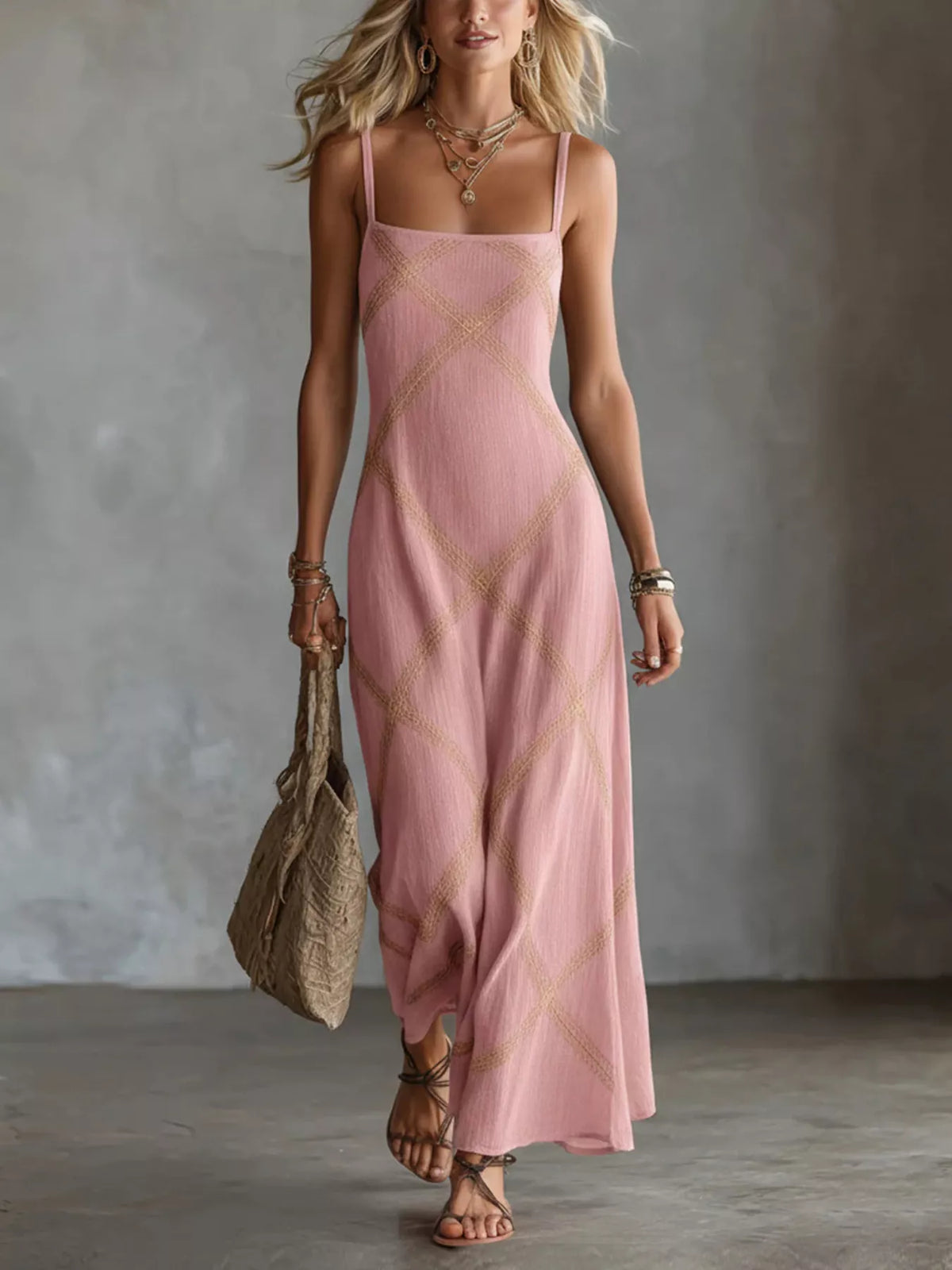 Dusty pink square-neck maxi dress with spaghetti straps and gold diamond lattice pattern
