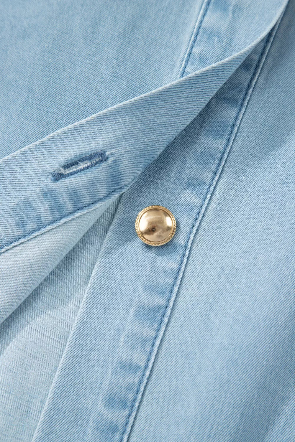 Cedar & Moore Full Buttons Collared Short Bubble Sleeve Long Denim Dress in light blue denim with gold button detail