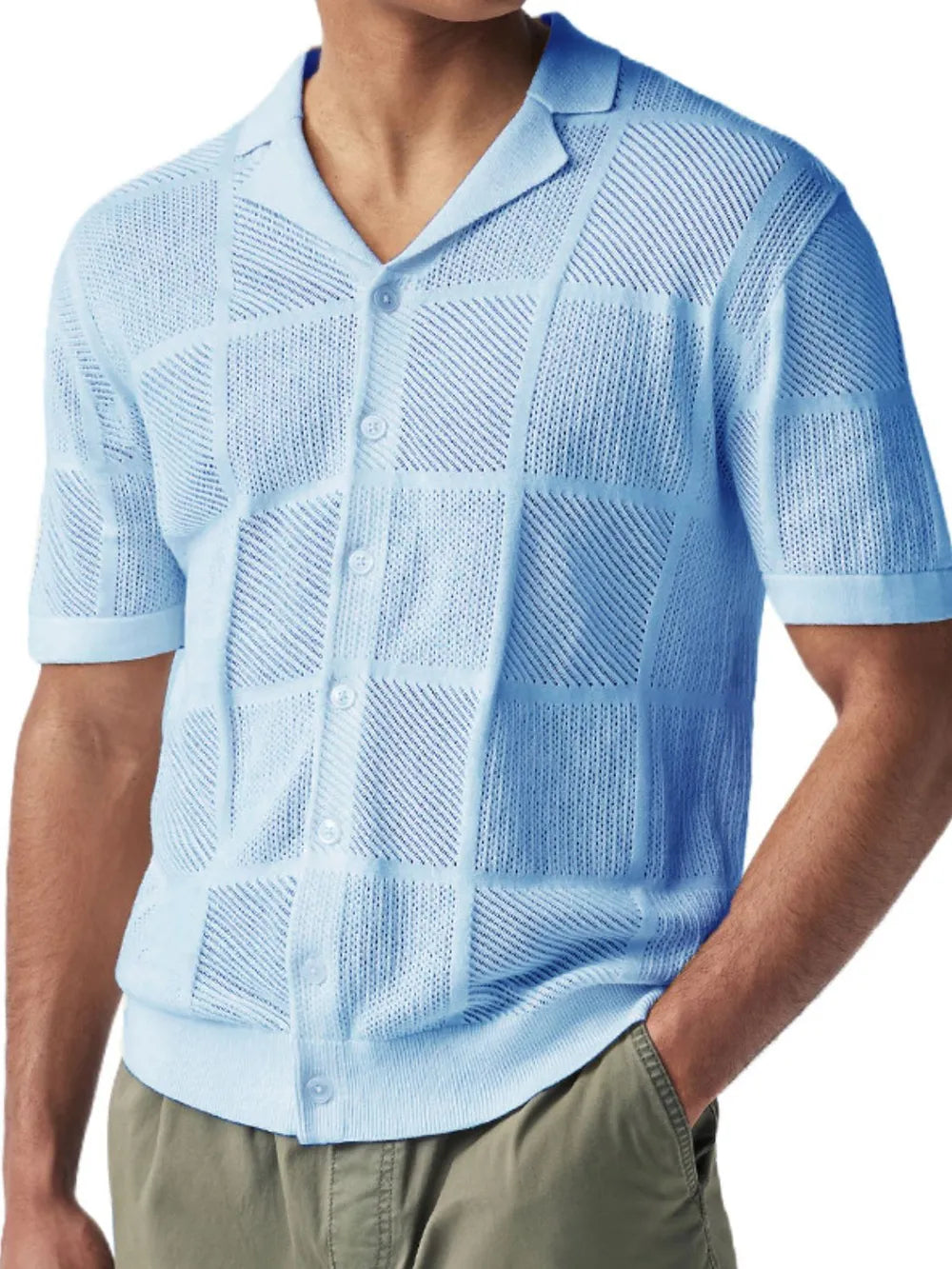 Light blue button-down checkered eyelet knit shirt with short sleeves and front buttons