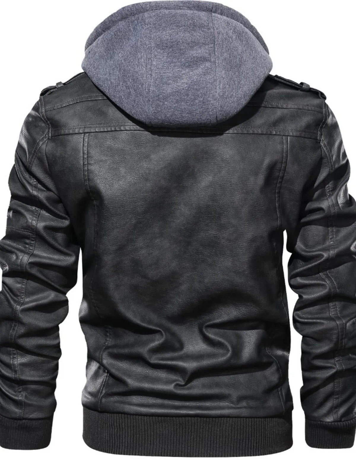 Men's black vegan leather hooded motorcycle jacket, back view with ribbed hem and cuffs