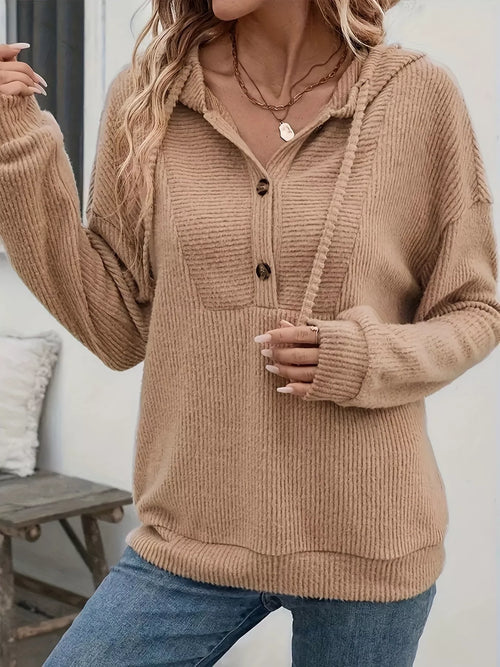Khaki button-front hoodie with kangaroo pocket, drawstring hood and ribbed knit