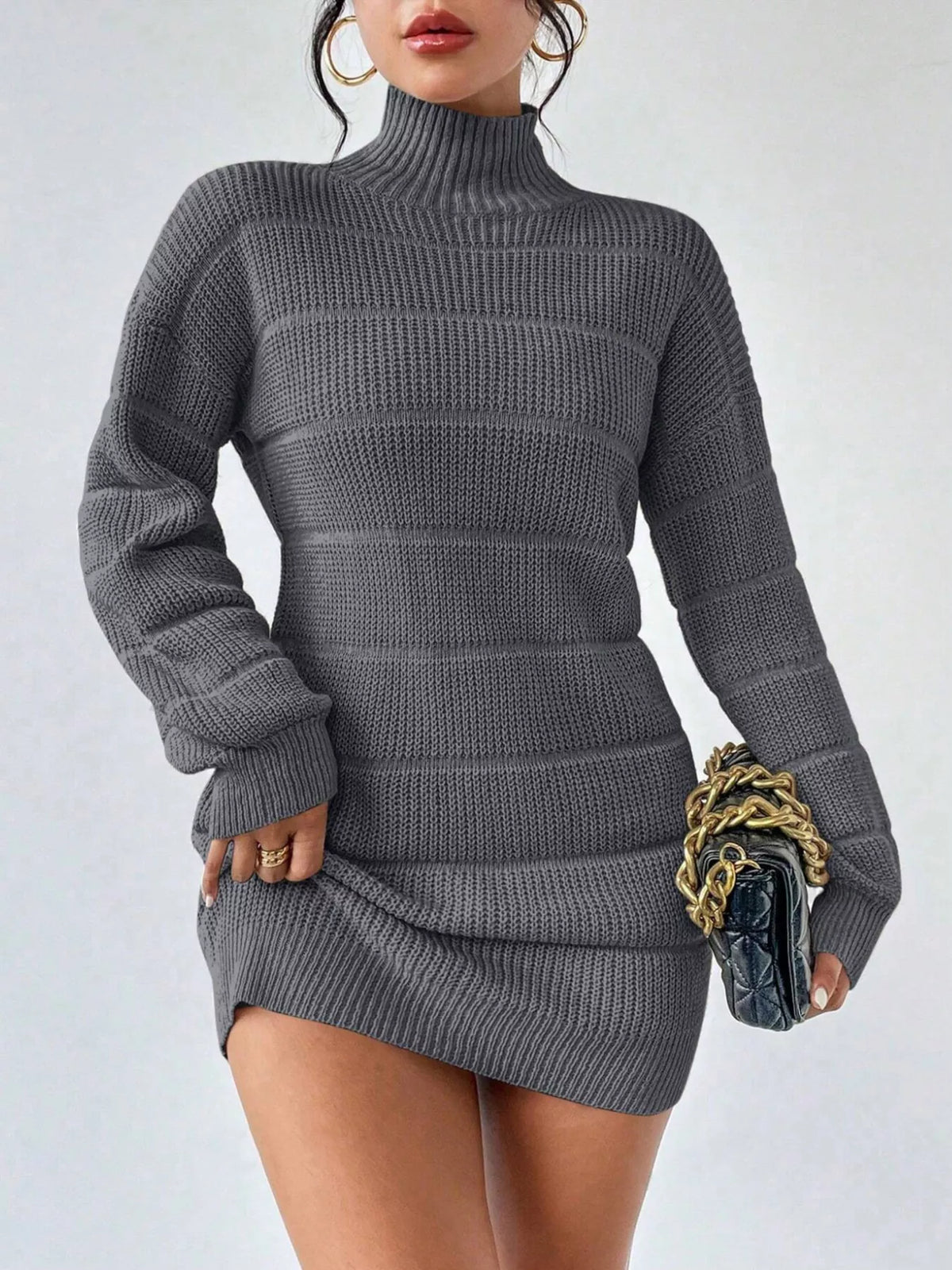 Ribbed turtleneck sweater dress, dark gray, long sleeves, striped knit bands
