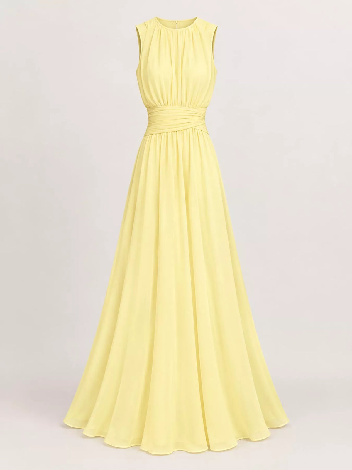 Light yellow sleeveless chiffon maxi dress with ruched neckline and pleated skirt