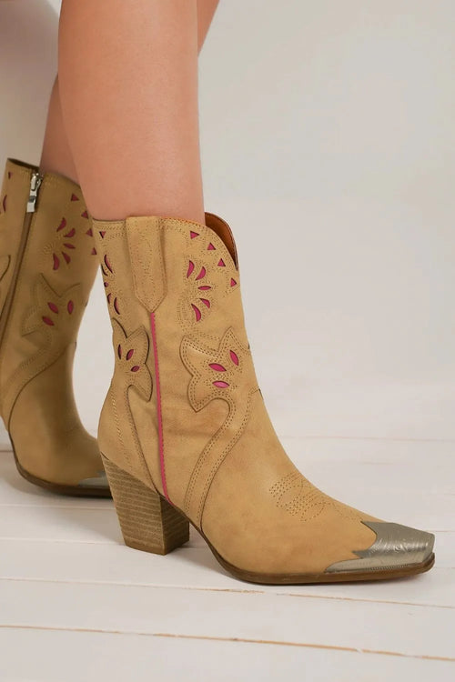Camel cut-out floral embroidered ankle boots, stacked block heel, pointed toe