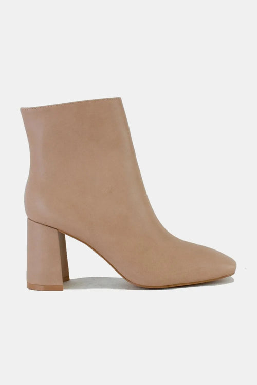 Nude PU leather ankle boots with block heel and pointed toe