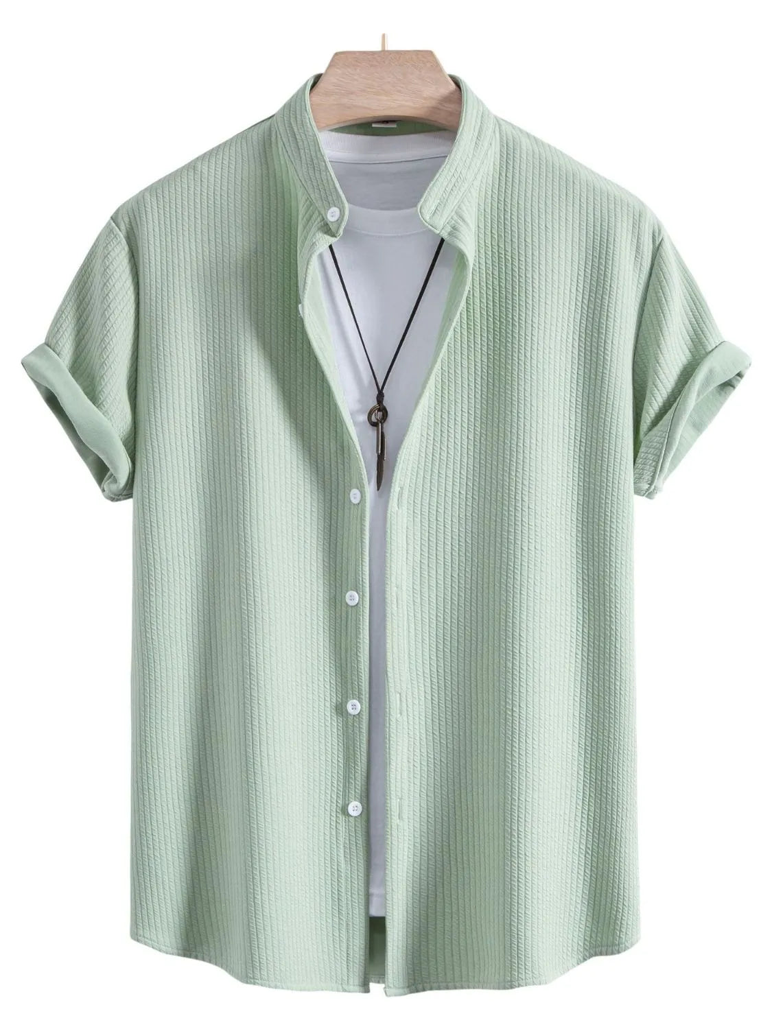 Mint green ribbed short sleeve button-up shirt with collar