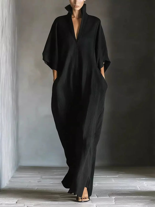 Black 3/4 sleeve maxi dress with V-neck and relaxed, draped fit