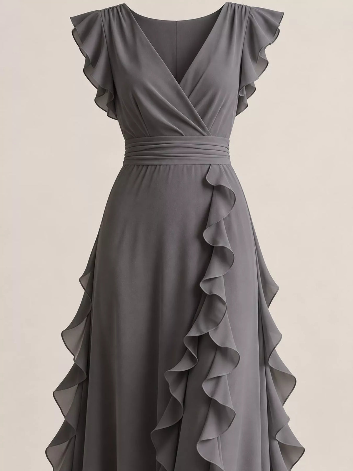 Close view of graphite gray sleeveless maxi dress: V-neck wrap and ruffled waist detail