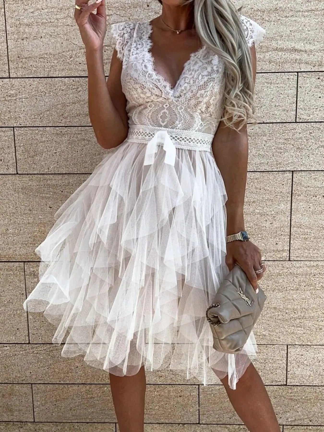 Lace V-Neck Ruffle Dress in ivory with belted waist and tiered tulle skirt, Trendsi
