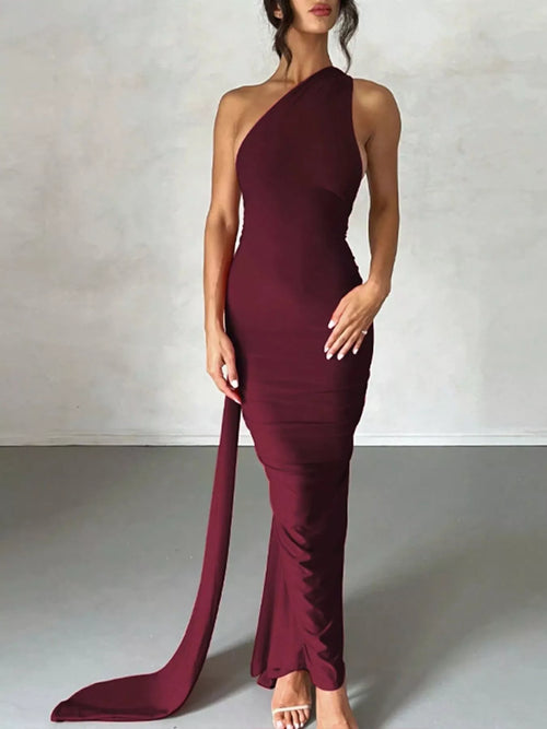 Burgundy backless one-shoulder ruched maxi bodycon dress with side slit and long train