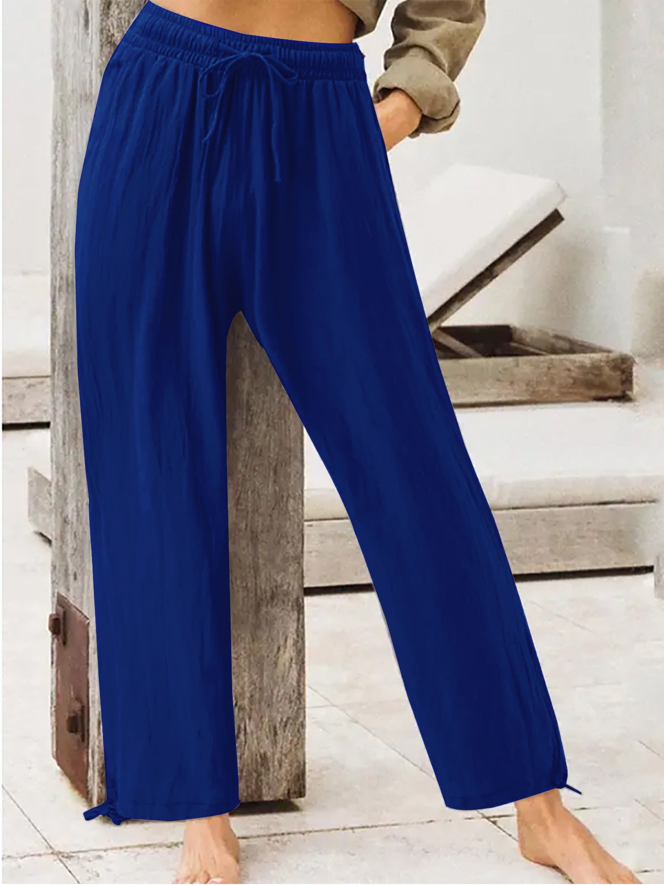 Blue wide-leg drawstring cotton-spandex pants, elastic waist