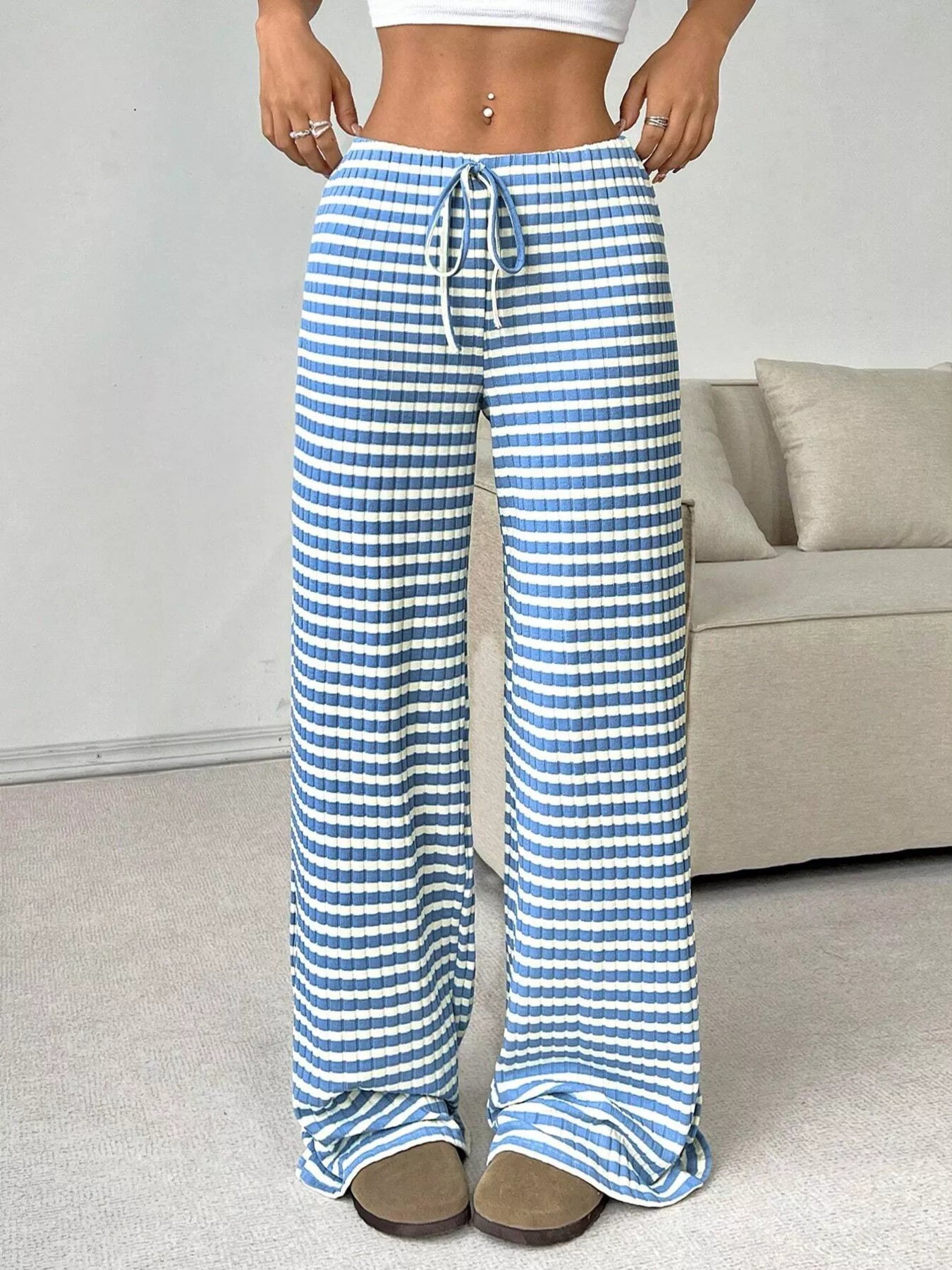 Striped ribbed knit wide-leg drawstring pants in light blue and white, drawstring tie