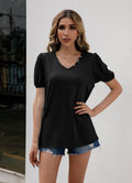Cedar & Moore Ivy Lane V-Neck Decorative Buttons Puff Sleeve Tee, black solid with button-detail neckline, Trendsi.