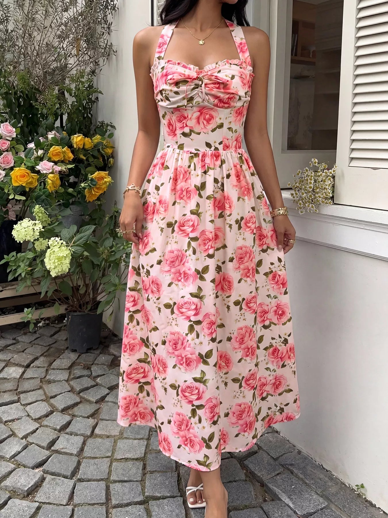 Cedar & Moore Floral Print Halter Neck Midi Dress in pink roses, smocked bodice with front tie
