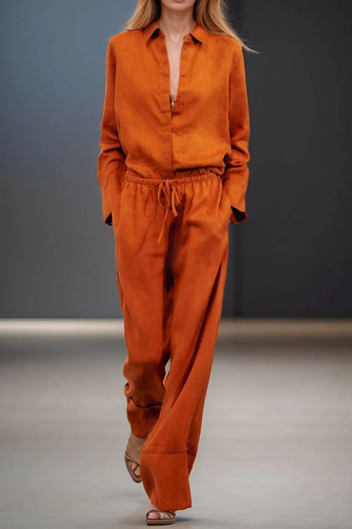 Orange button-down shirt and drawstring pants set, long sleeves, wide-leg fit