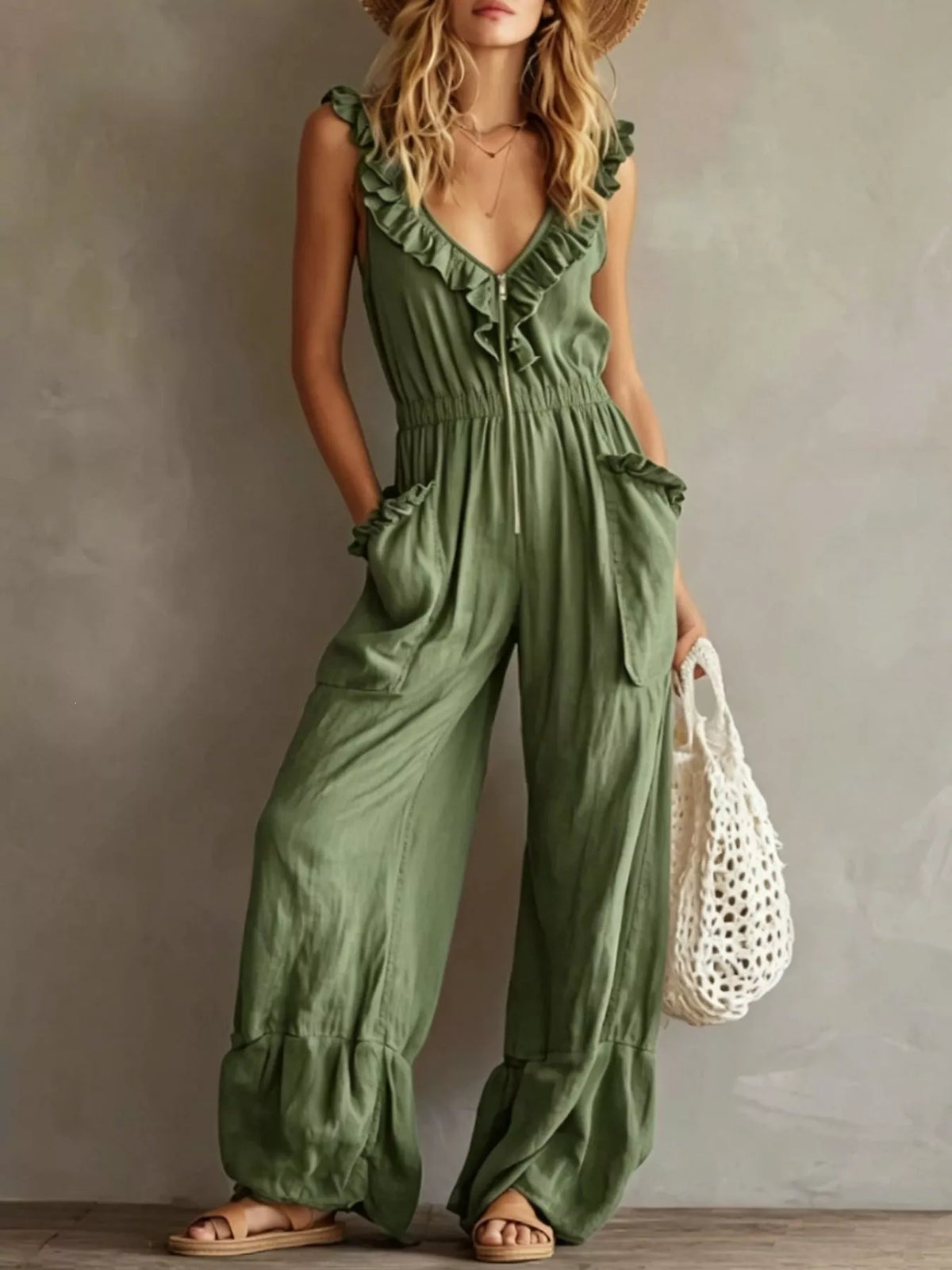 Olive green ruffled V-neck sleeveless jumpsuit with tie front and wide-leg drape