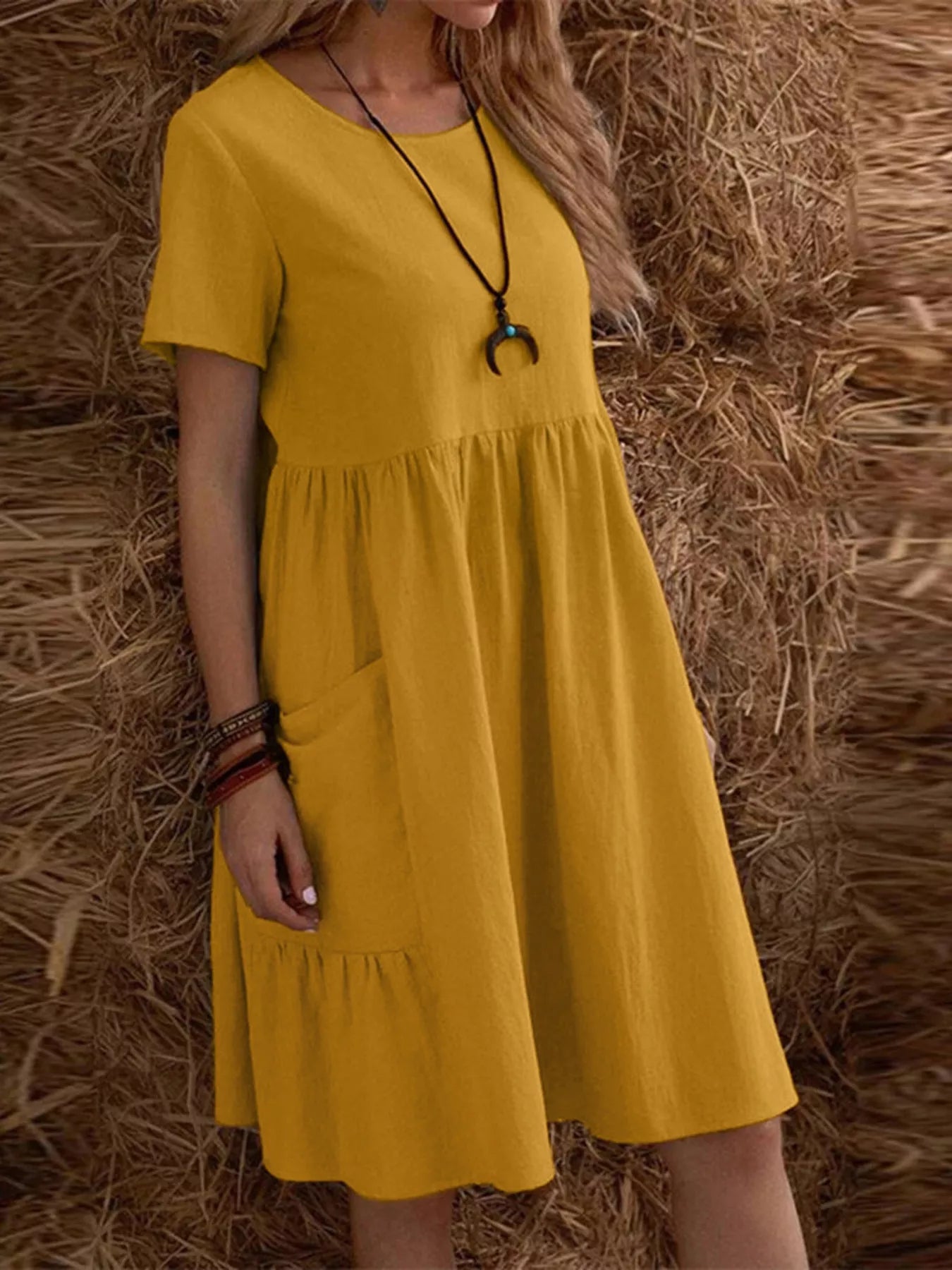 Cedar & Moore Dress, yellow mustard, casual loose fit, tiered ruffle hem, plus size