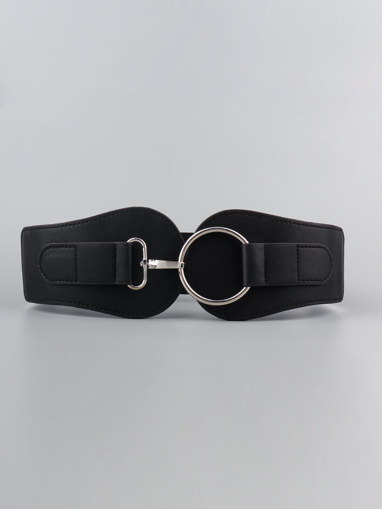 Black wide elastic belt with silver O-ring and small buckle on adjustable strap ends