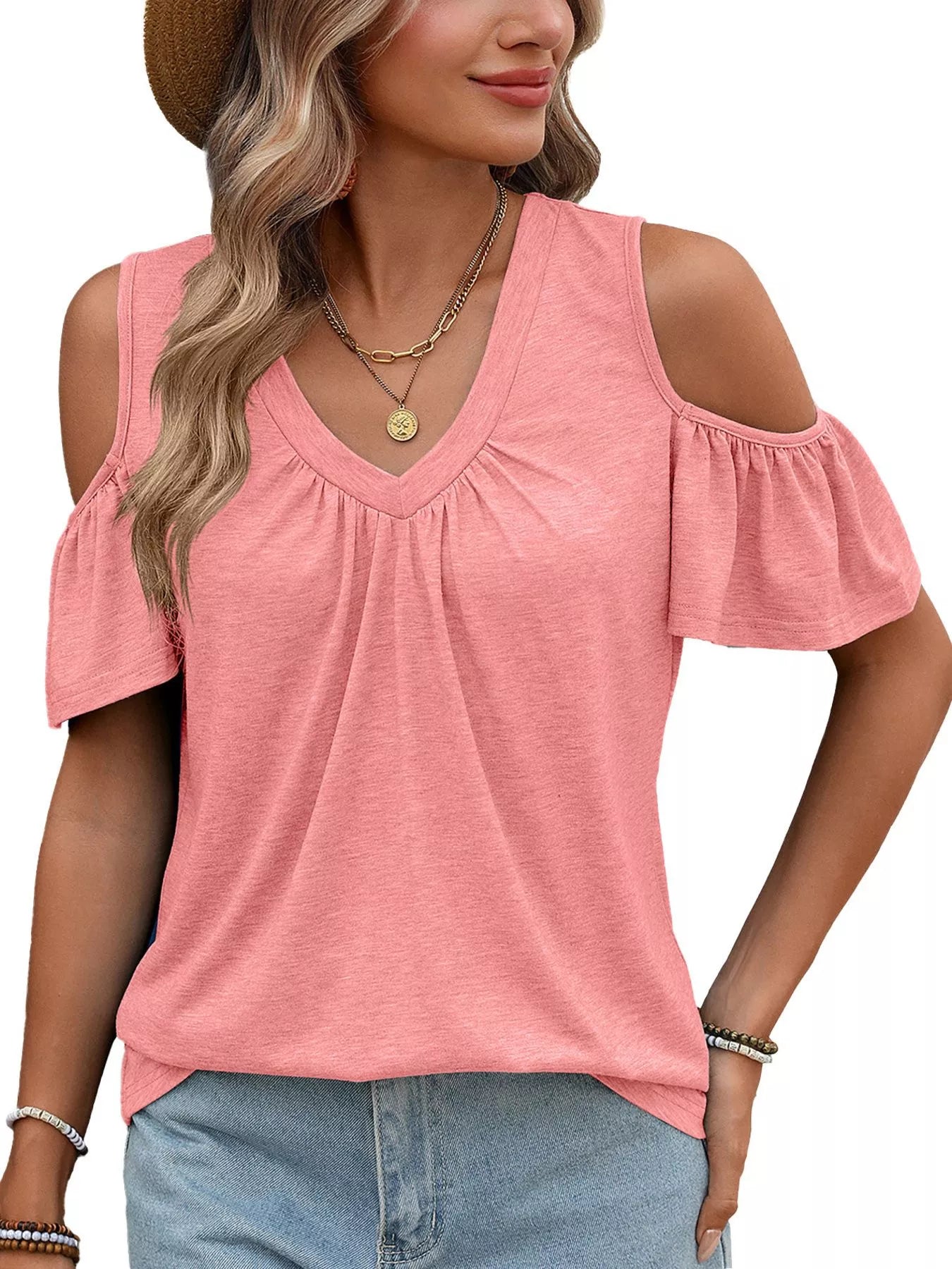 Pink cold-shoulder V-neck T-shirt with gathered neckline and short off-shoulder sleeves