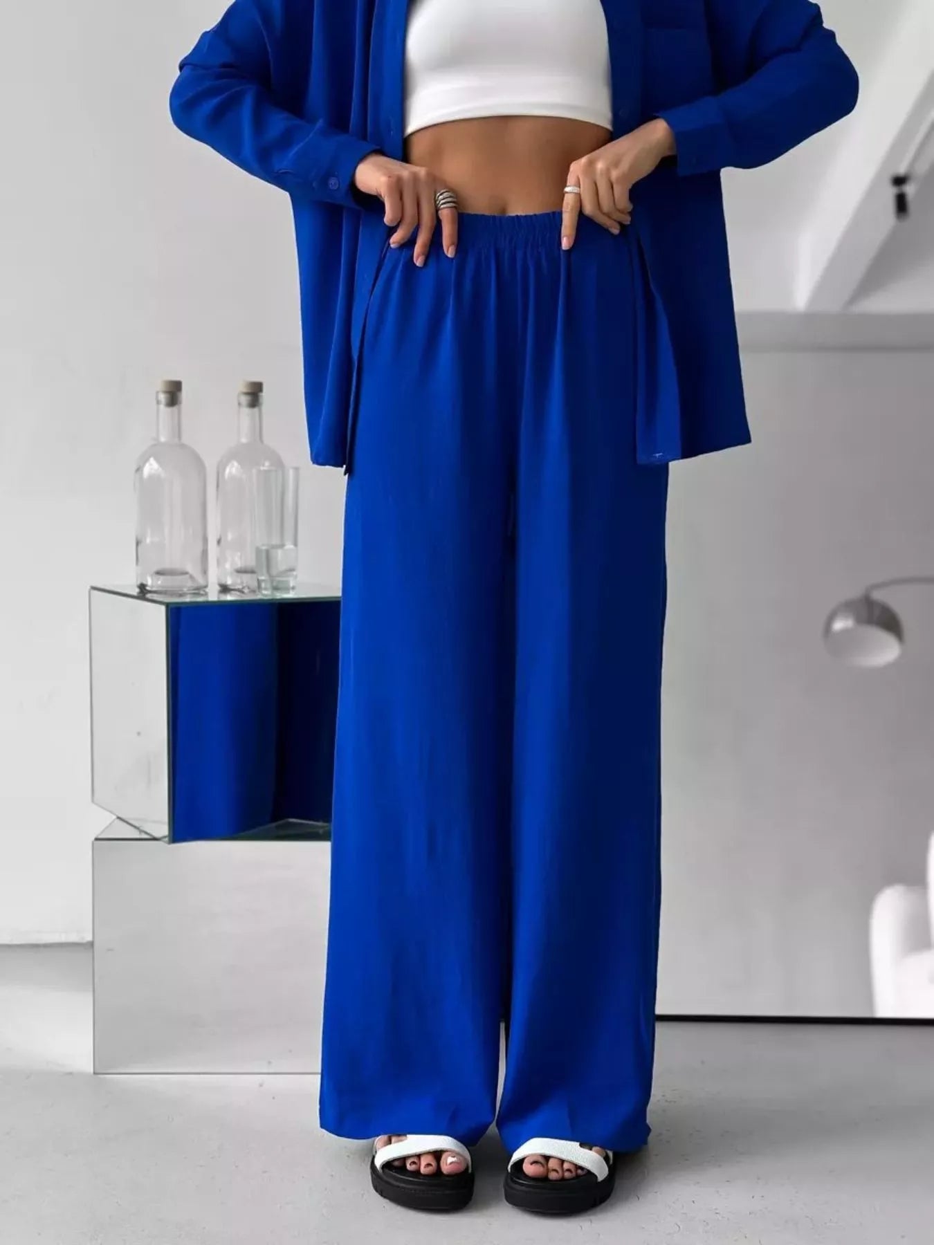 Blue relaxed-fit shirt and wide-leg pants set, loose drape and elastic waist