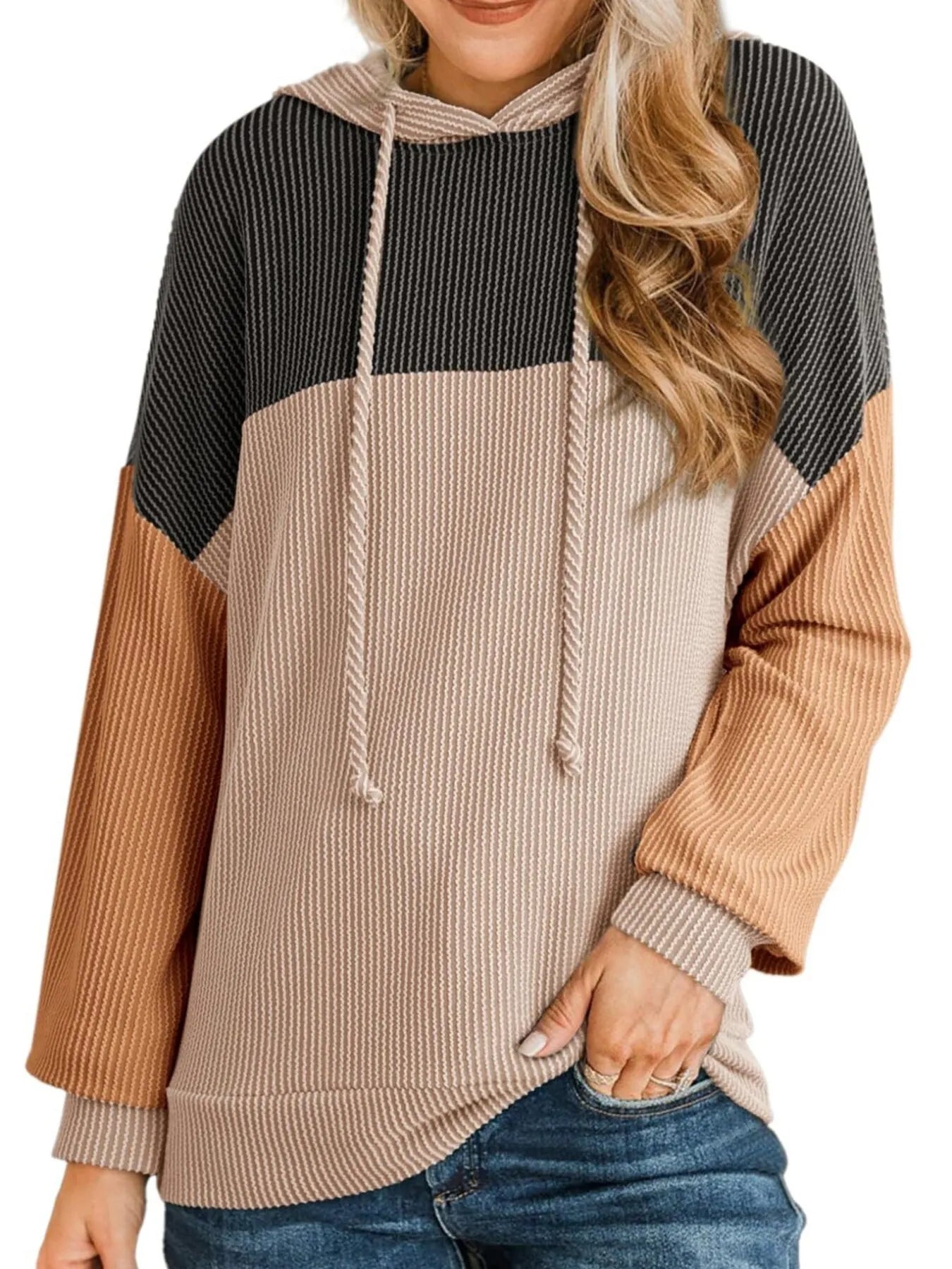 Color-block long-sleeve hoodie with hood and drawstring, dark charcoal upper, cream center, tan sides