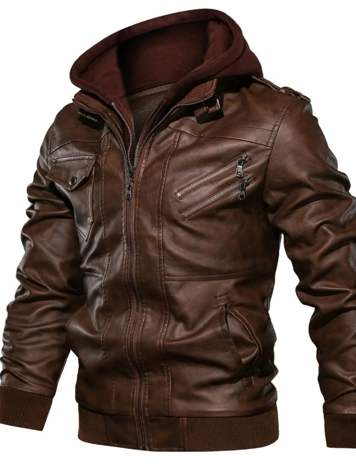 Men's brown vegan leather hooded motorcycle jacket with zip front, chest zippers, and shoulder straps