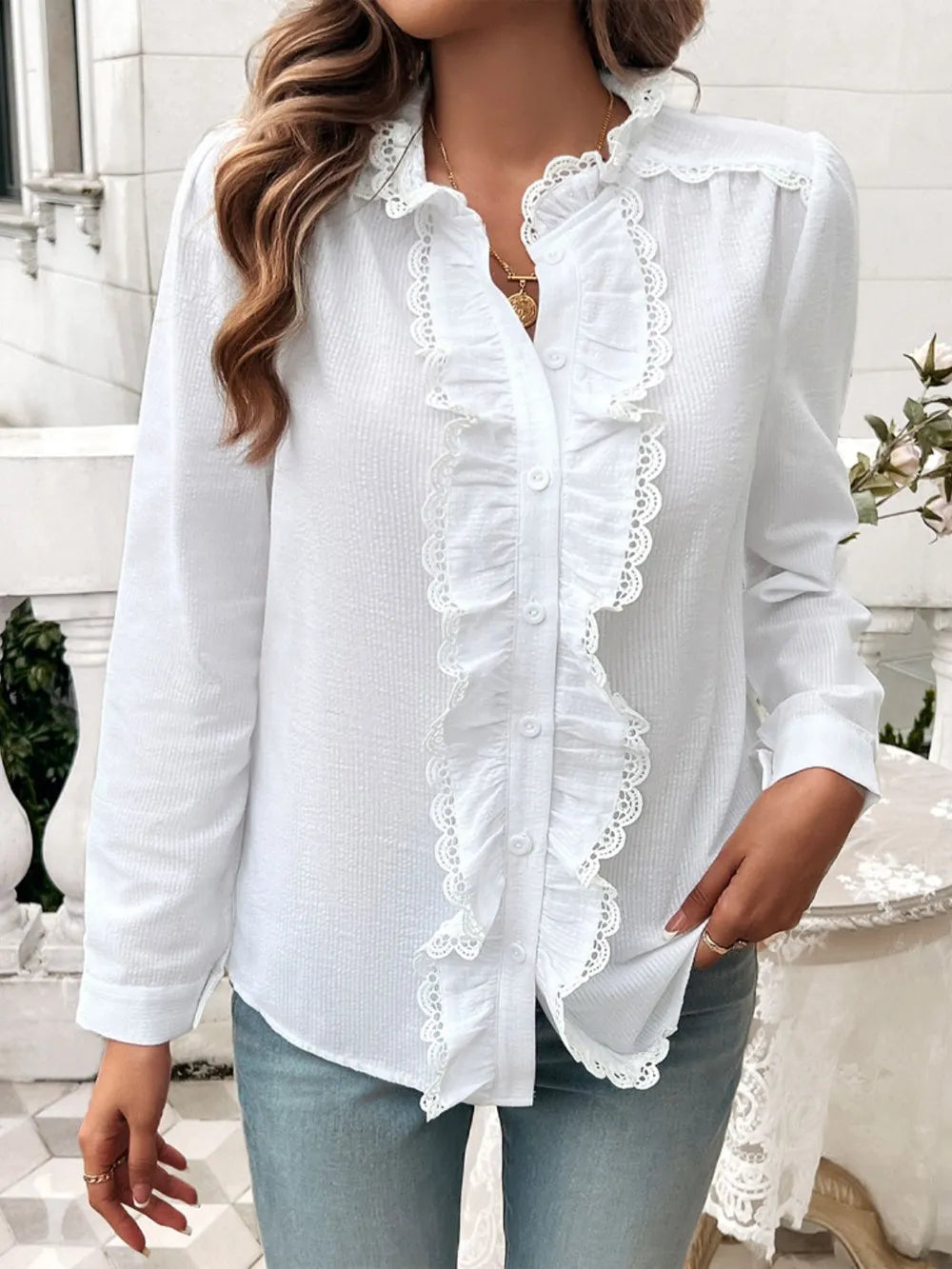 White long-sleeve button shirt with vertical lace ruffle panel and button front