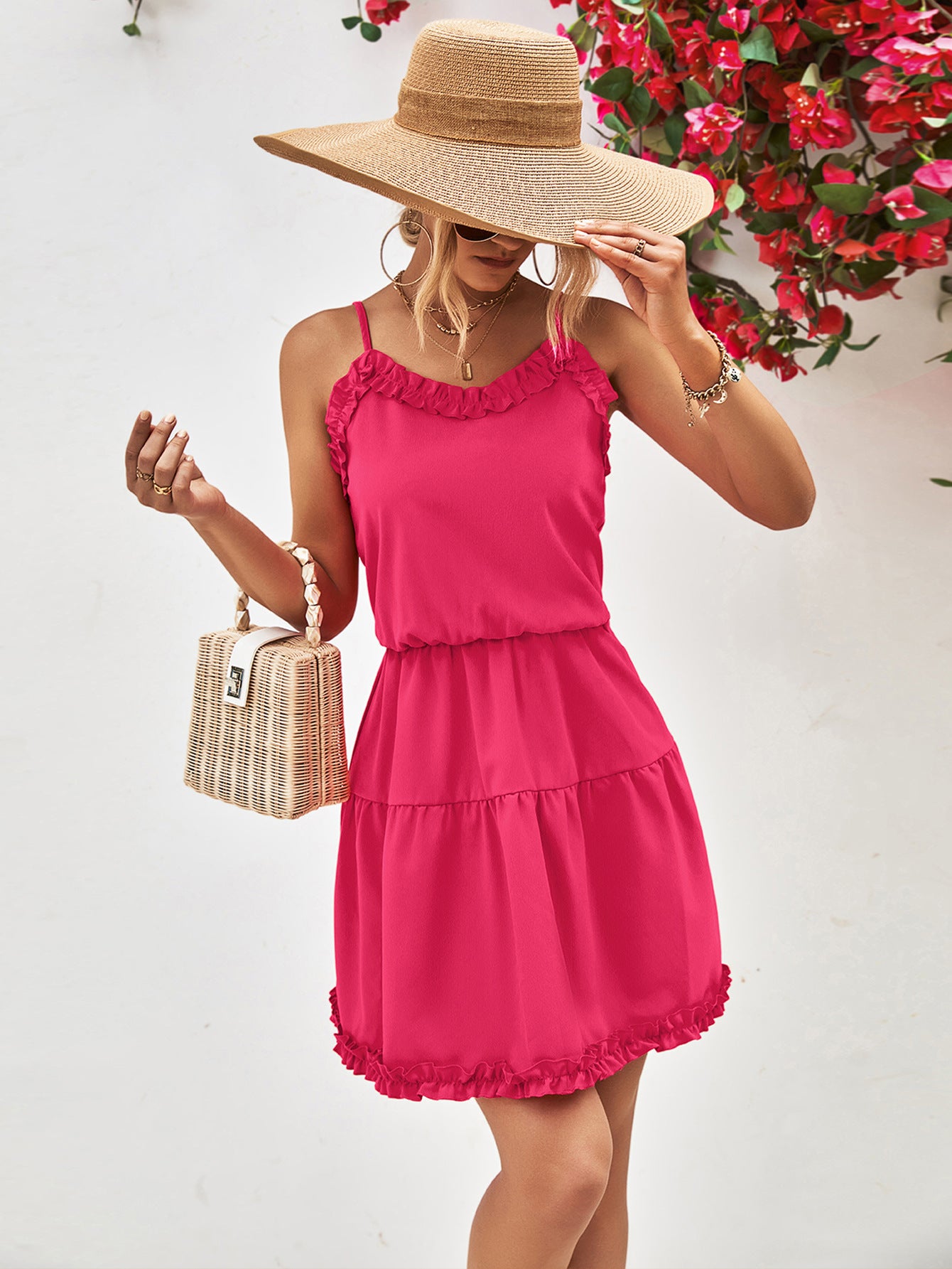 Hot pink frill-trim spaghetti strap mini dress with elastic waist and tiered ruffles