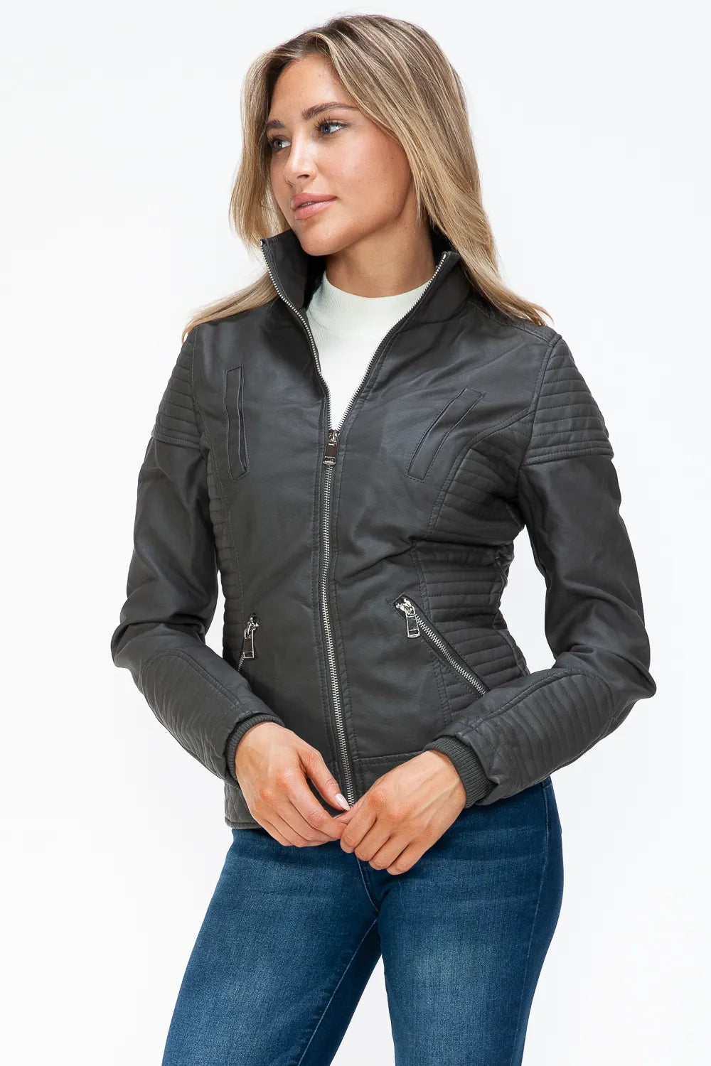 Charcoal double-zip quilted jacket with stand collar and zip pocket accents